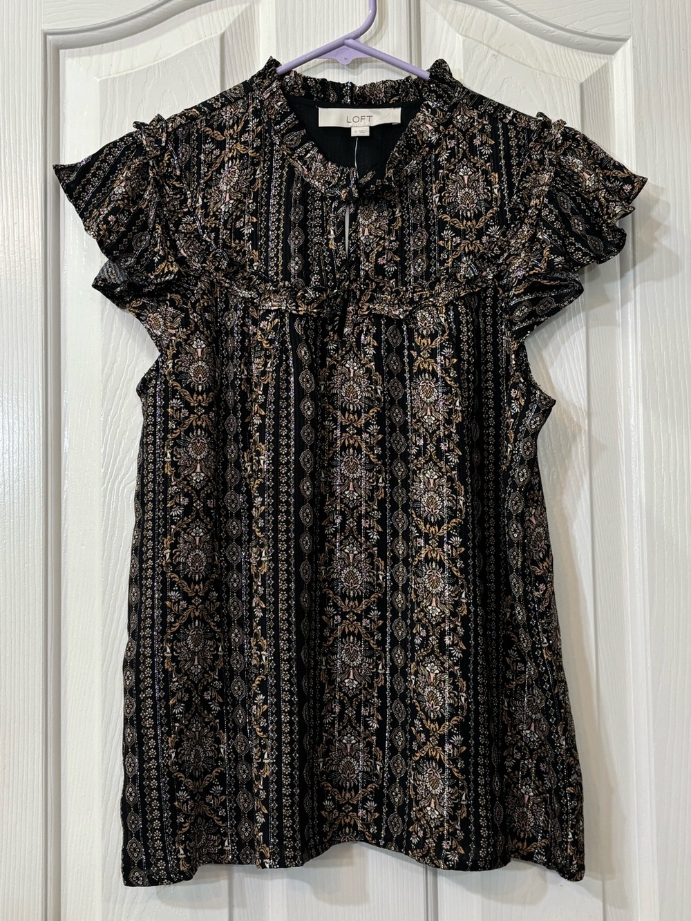 LOFT Black Floral Print Ruffle Sleeve Blouse